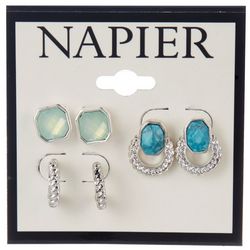 Napier 3-Pr Faceted Pave Faux Stone C-Hoop Stud Earrings Set