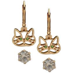 2 Pc Cat Drop & Rhinestone Stud Earrings