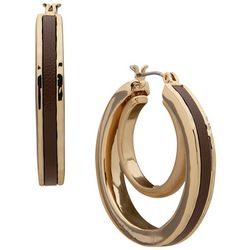 Chaps Gold Tone Leather Accent Layered Hoop Earrings