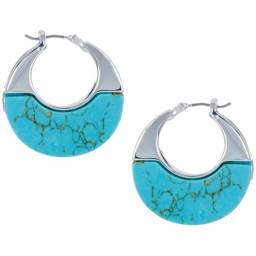Chaps Silvertone & Faux Turquoise Flat Hoop Earrings