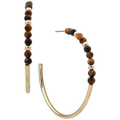 Chaps Gold Tone Wood Bead C-Hoop Earrings