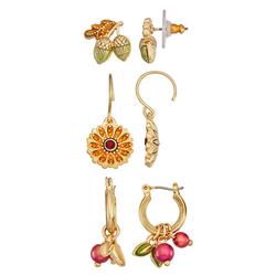 3-Pr. Acorn Flower Bead Stud Hoop Earring Set