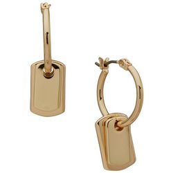 Nine West 17MM Dog Tag Charms Gold Tone Hoop Dangle Earrings