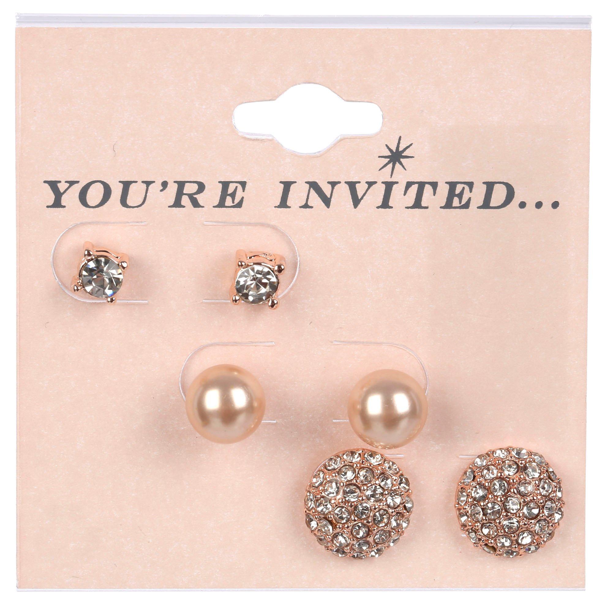 3-Pr. Pave Rose Gold Tone Stud Earring Set