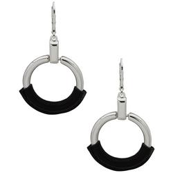 Leather Silver Tone Open Circle Dangle Earrings