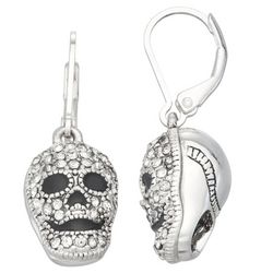 Napier Rhinestone Skulls Silver Tone Dangle Earrings