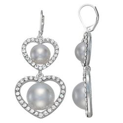 You're Invited Faux Pearl Pave Double Heart Dangle Earrings