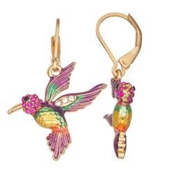 Pave Enamel Hummingbird Gold Tone Dangle Earrings