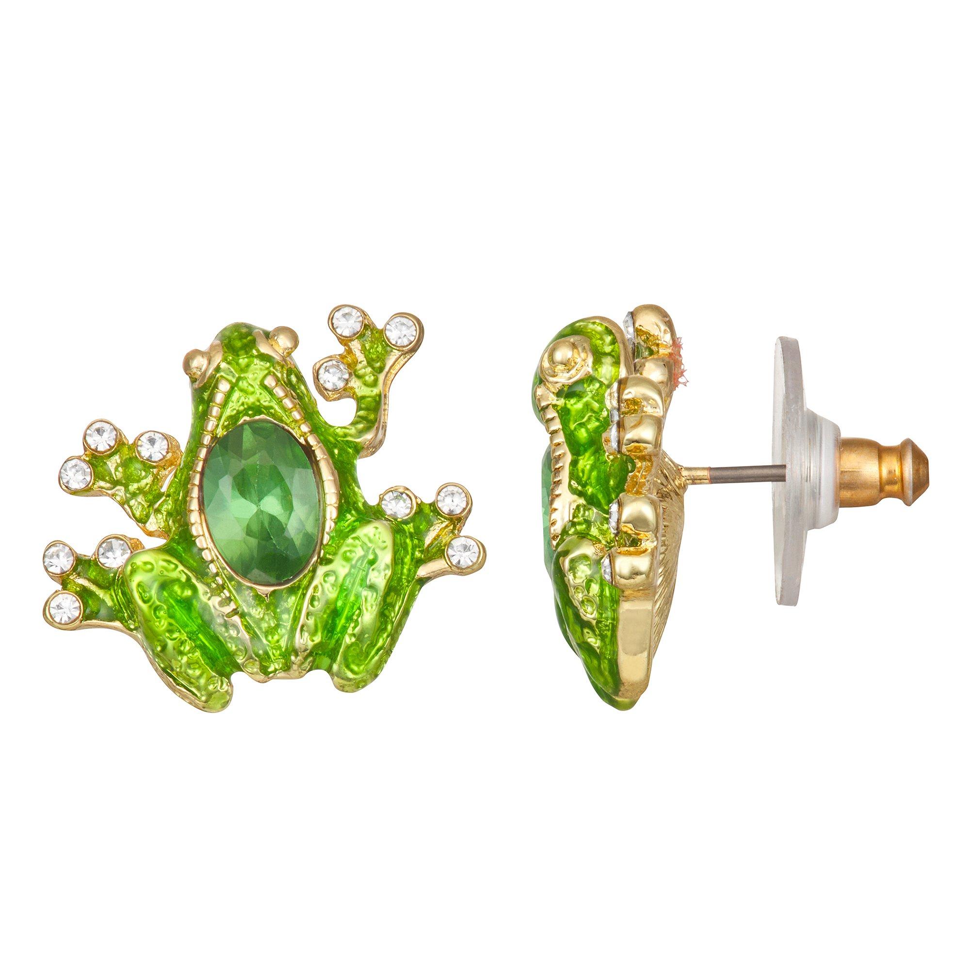 Enamel Frog Gold Tone Stud Earrings