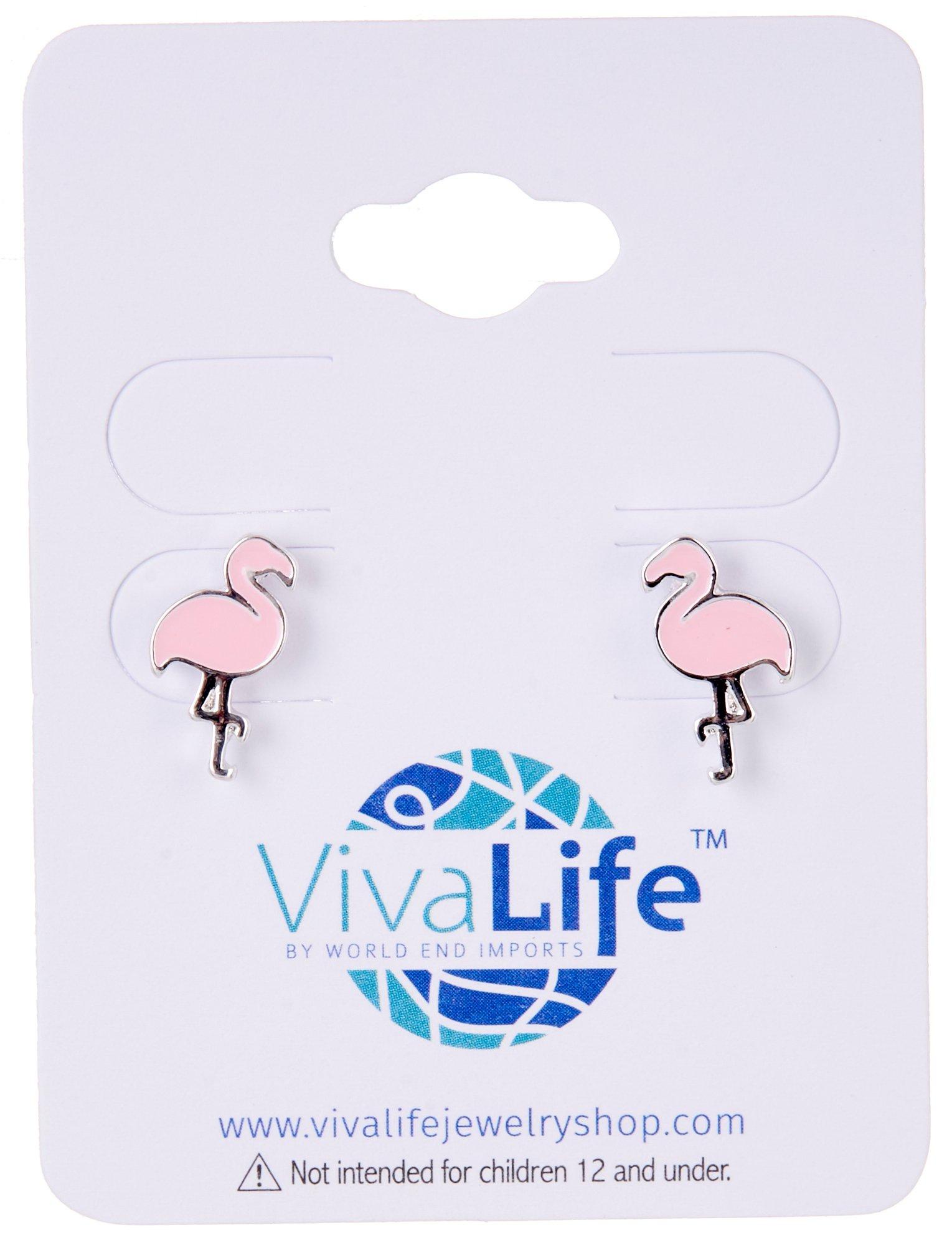 Viva Life Flamingo Enamel Silver Tone Stud Earrings