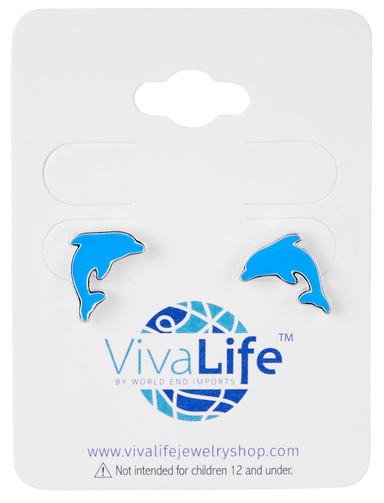 Viva Life Dolphin Enamel Silver Tone Stud Earrings