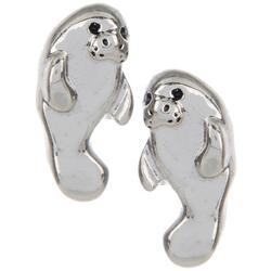 3D Manatee Silver Tone Stud Earrings