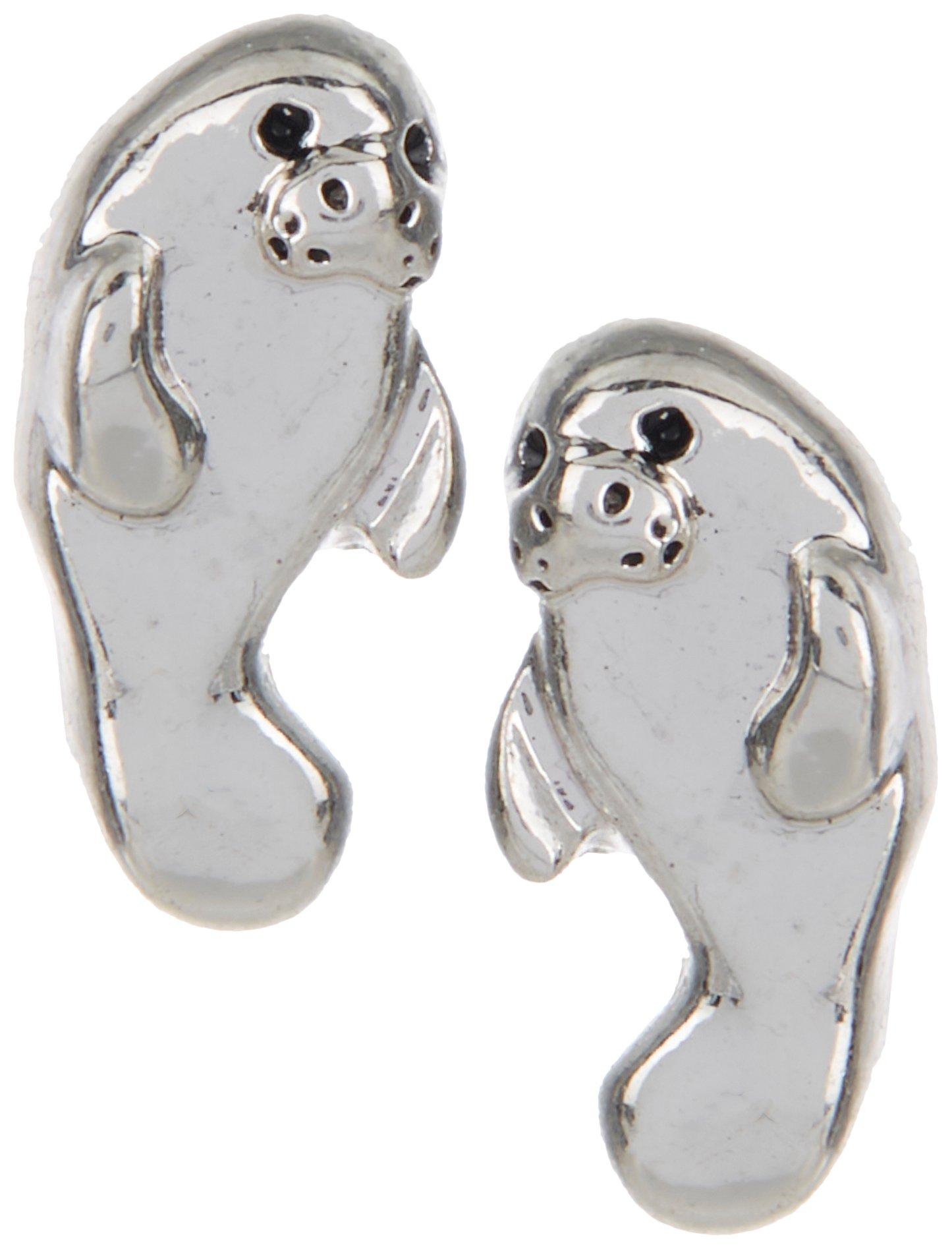 3D Manatee Silver Tone Stud Earrings