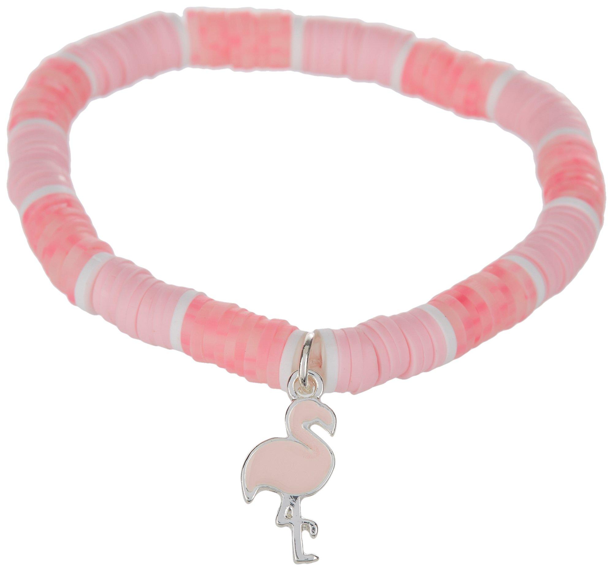 Enamel Flamingo Charm Beaded Stretch Bracelet
