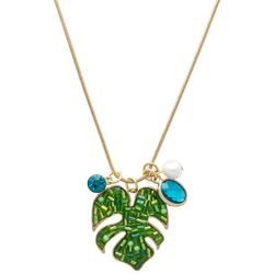 Beach Chic 20 In. Beaded Monstera Leaf Gold Tone Necklace
