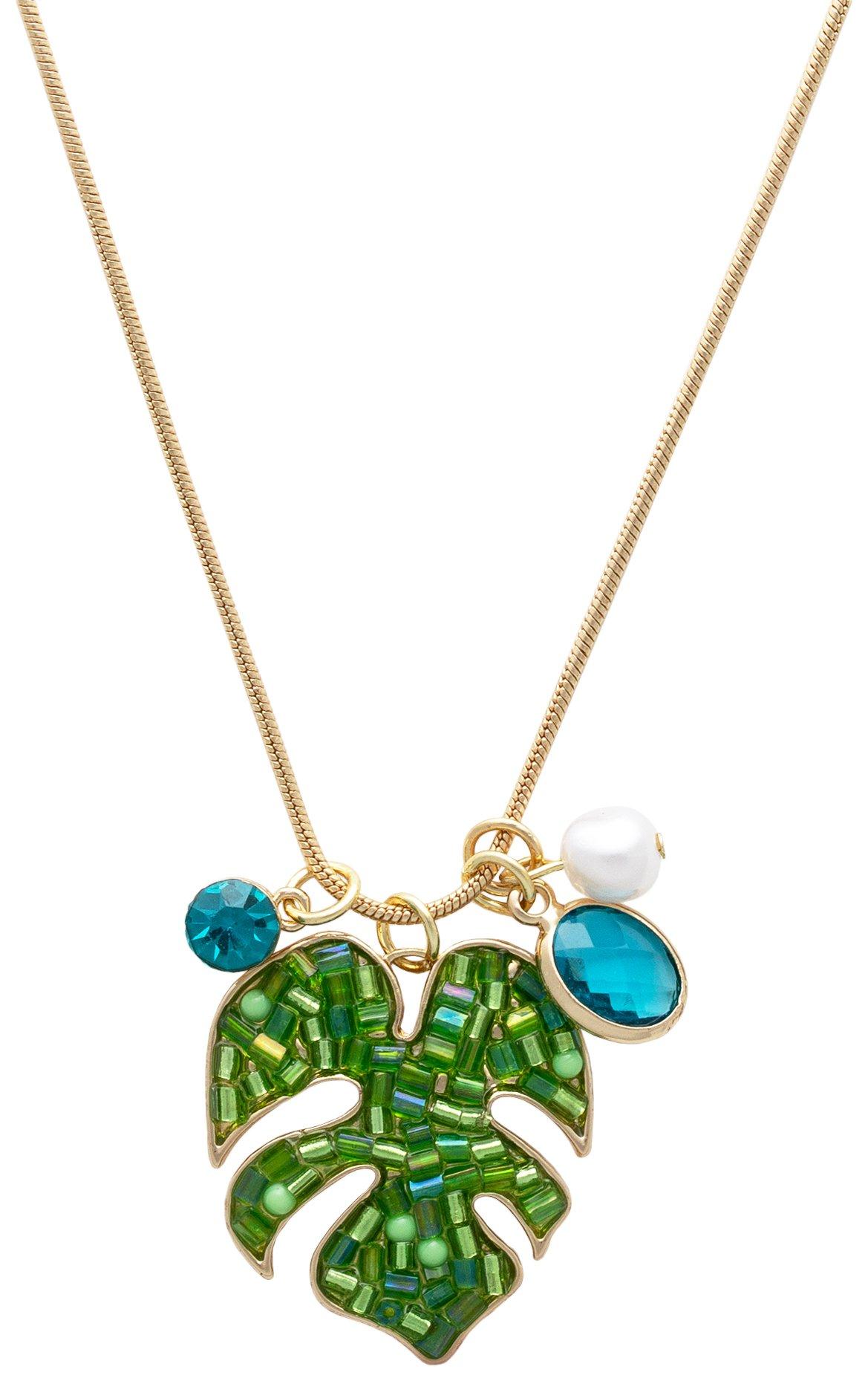 20 In. Beaded Monstera Leaf Gold Tone Necklace