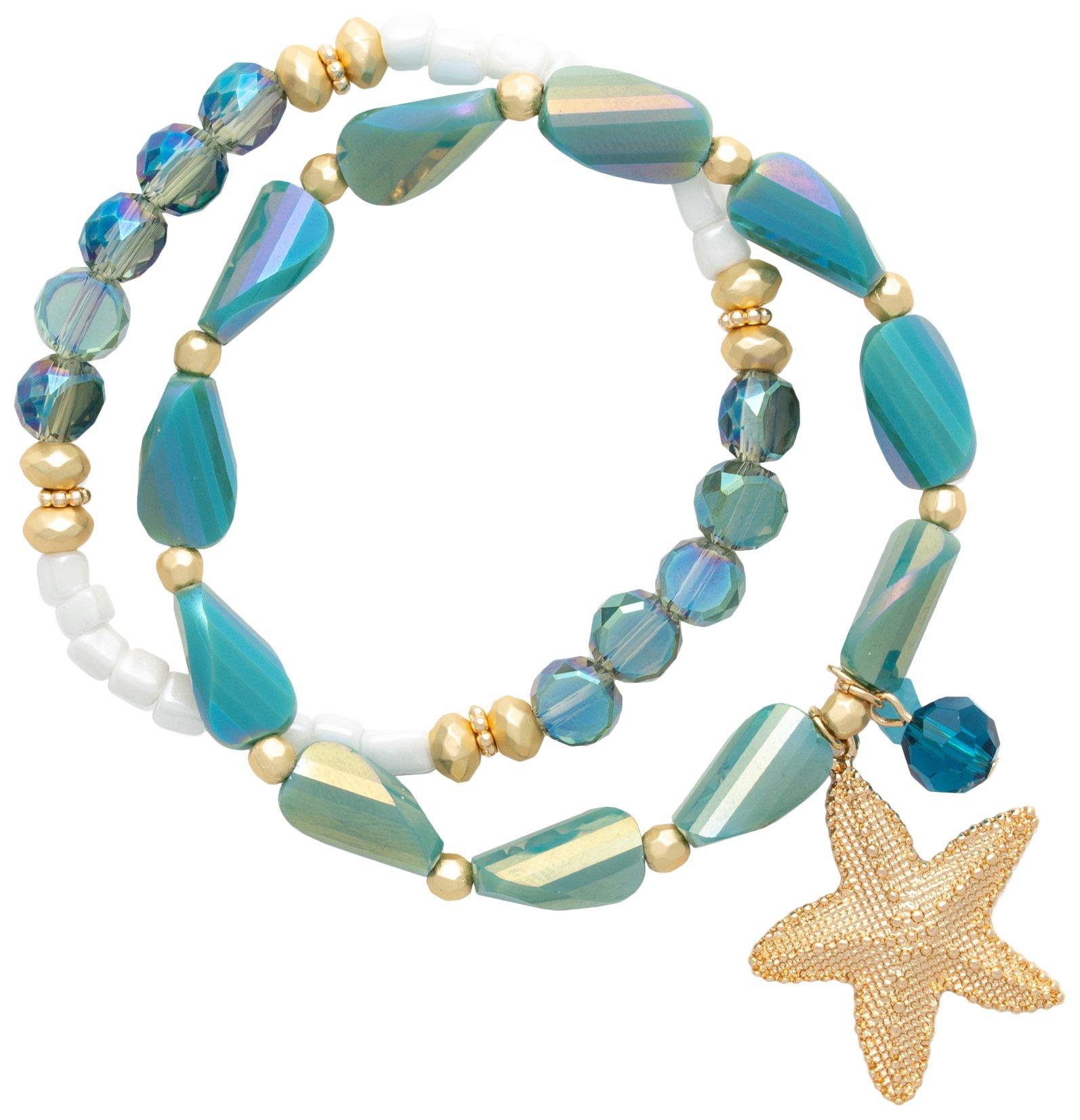 Beach Chic 2-Pc. Beaded Starfish Gold Tone Bracelet Set
