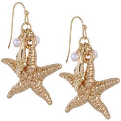 Beach Chic Faux Pearl Starfish Gold Tone Dangle Earrings