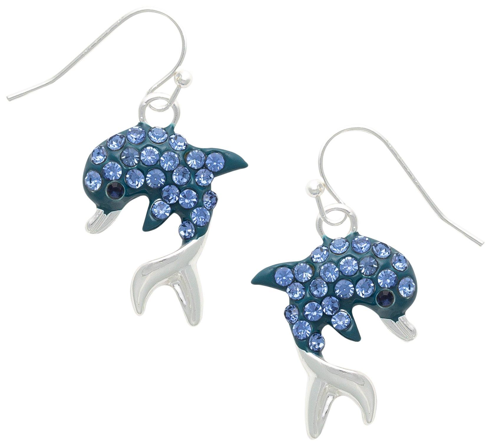 Beach Chic 1.5 In. Pave Dolphins Silver Tone Dangle Earrings