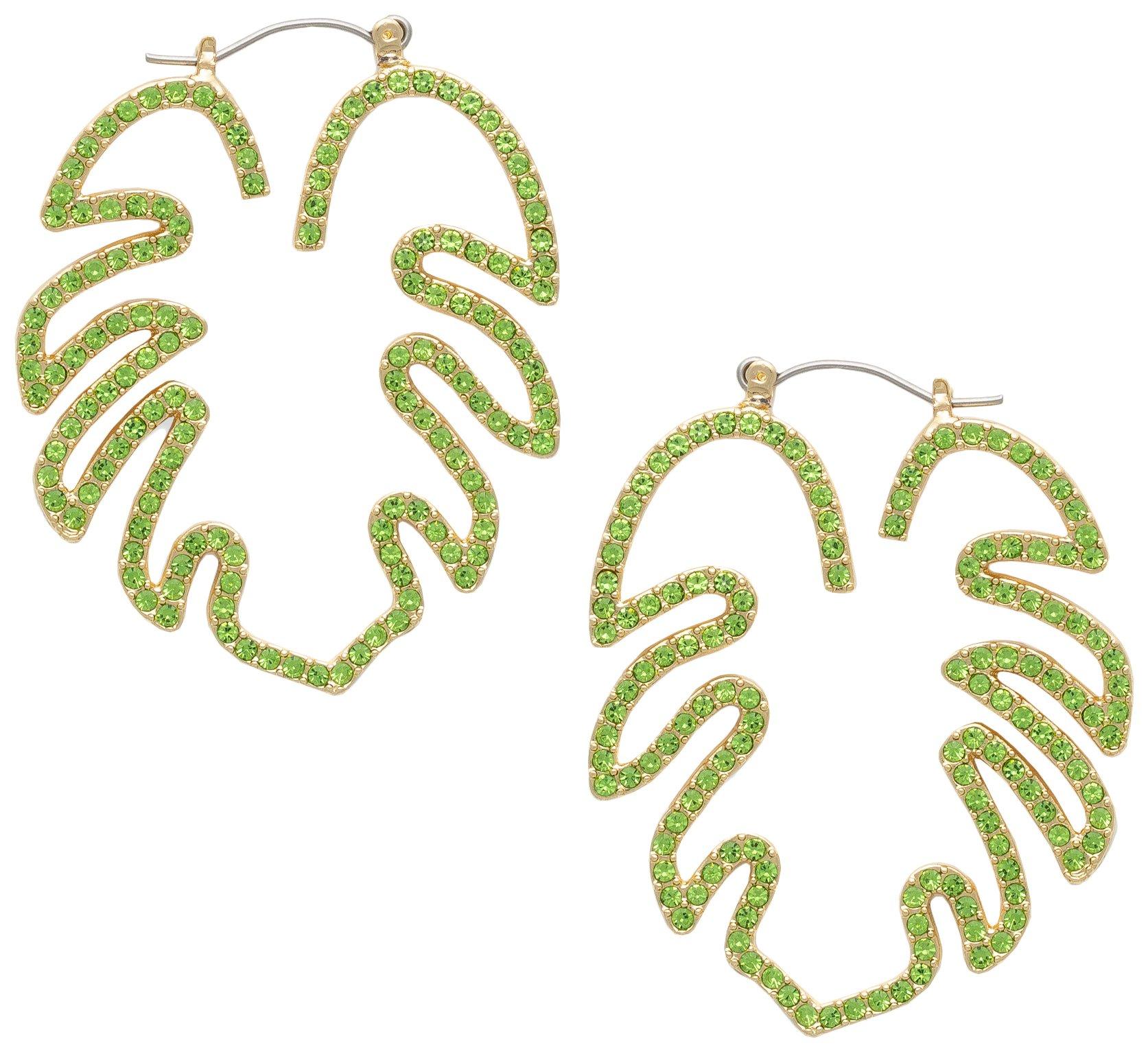 Beach Chic Pave Monstera Leaf Silhouette Hoop Earrings
