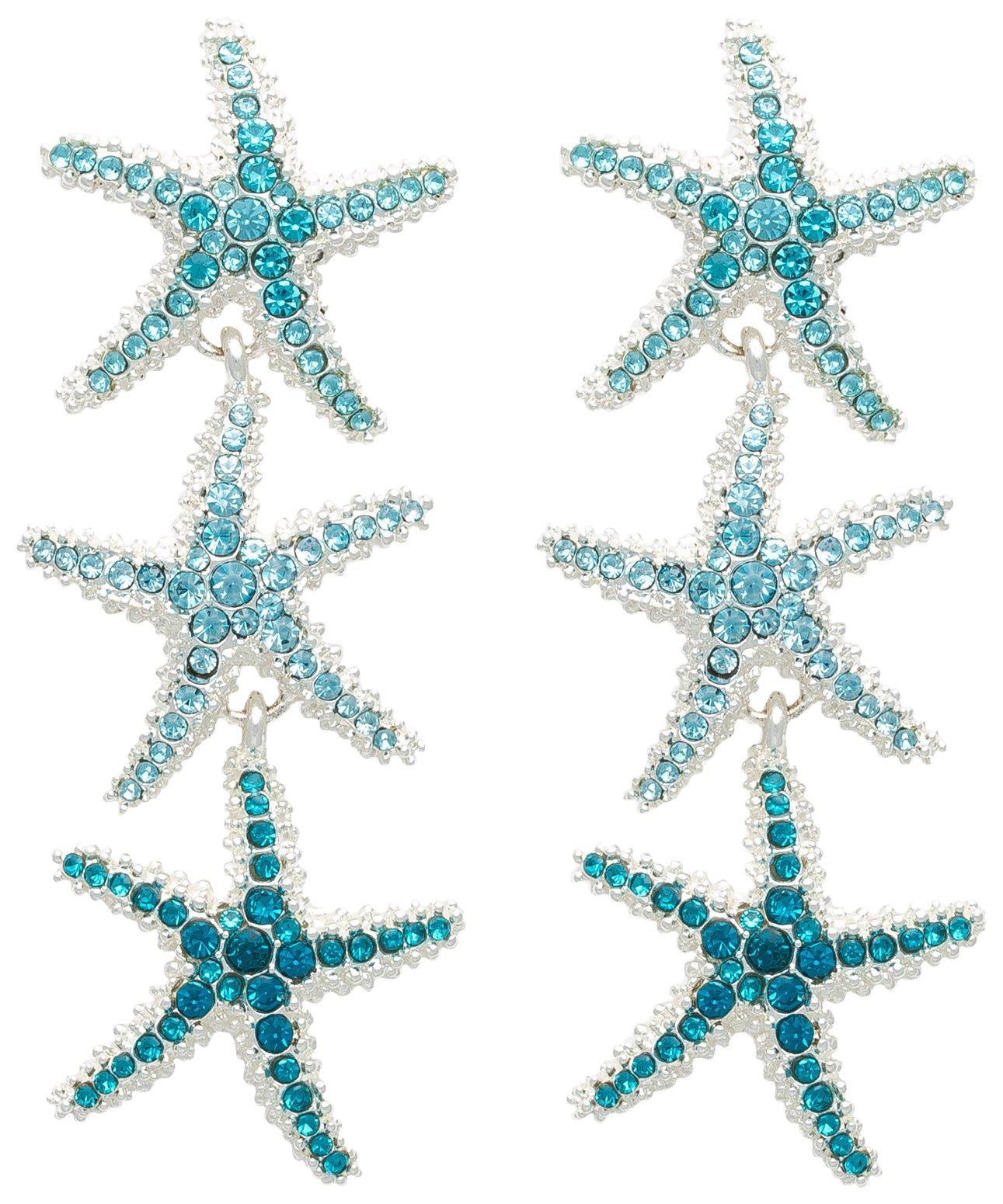 2 In. Pave Linear Triple Starfish Dangle Earrings