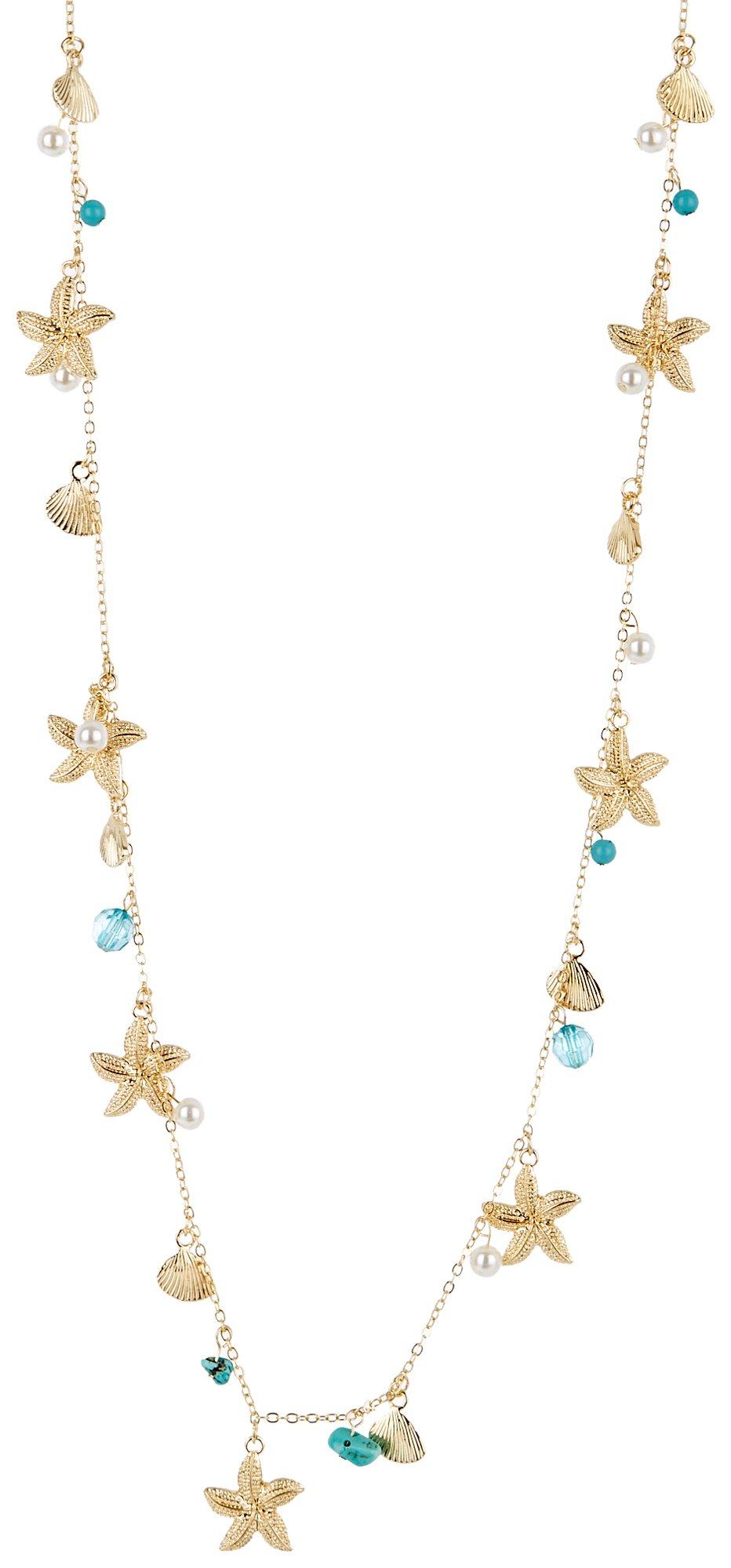 34 In. Beaded Shell Charms Gold Tone Necklace