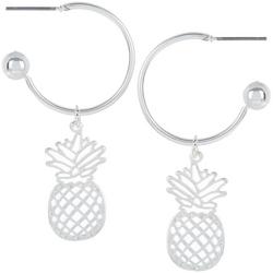 2 In. Pineapple Silver Tone C-Hoop Earrings