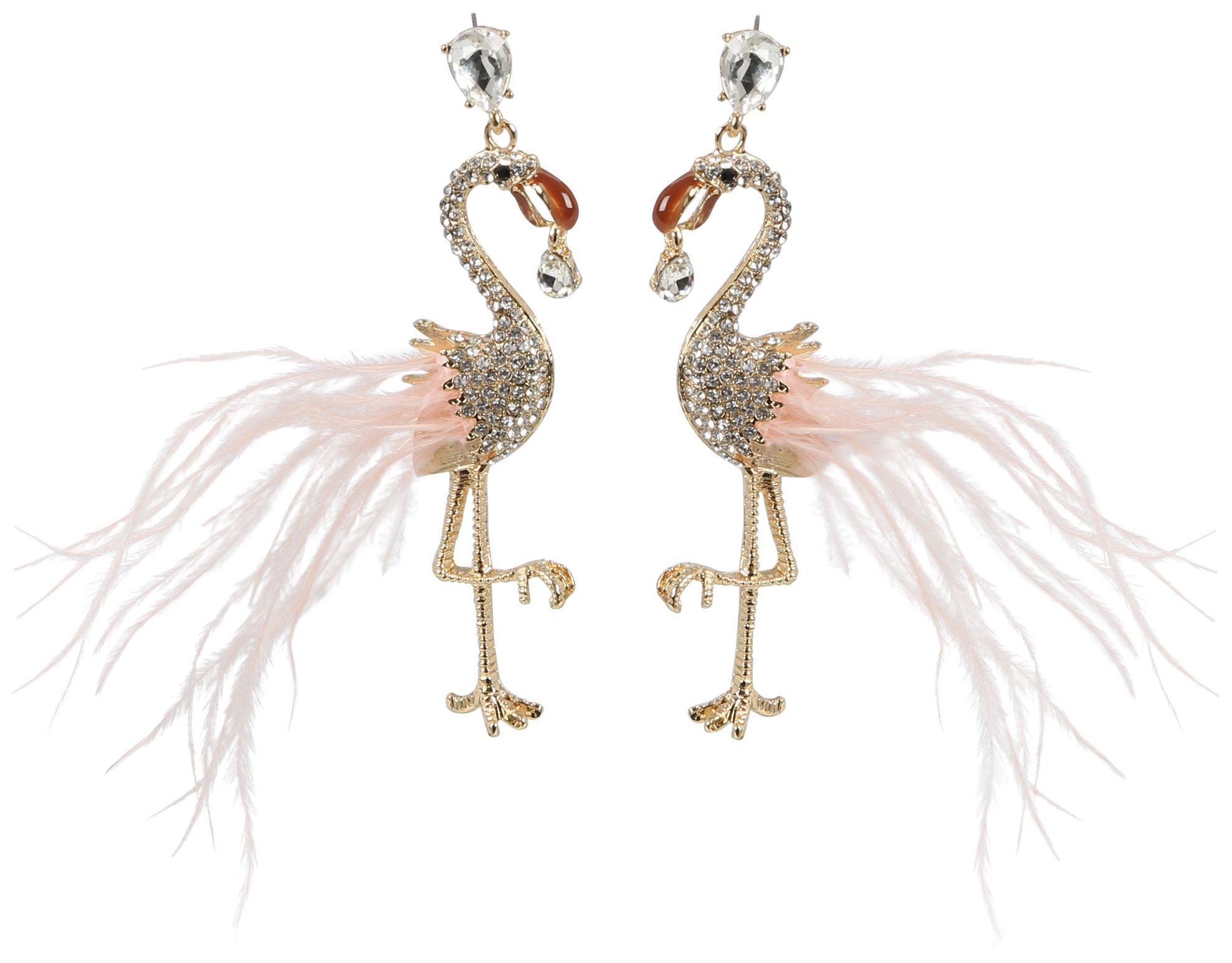 Embellished Feather Flamingo Post Drop Earrings