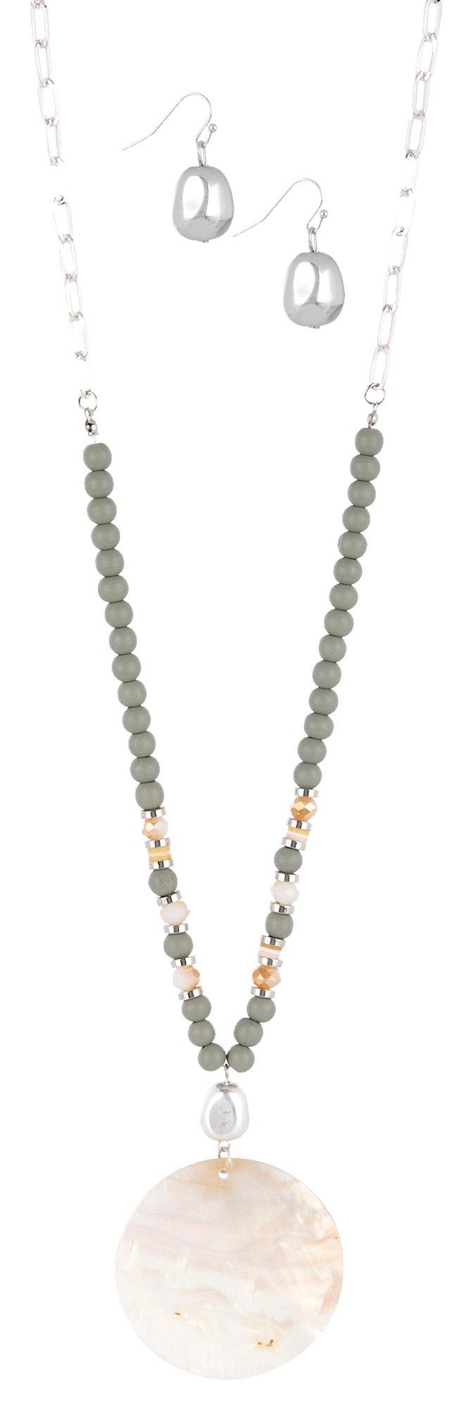 2-Pc. Wooden Bead & Shell Necklace Earring Set