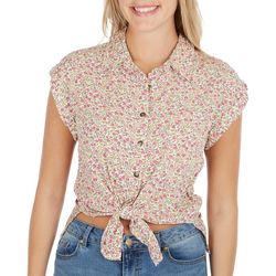 Juniors Pocket Floral Print Button Down Short Sleeve Top