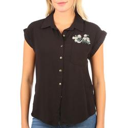 Juniors Pocket Embroidered Button Down Short Sleeve Top