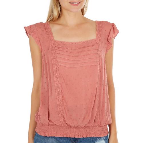 Juniors Solid Dotted Ruffle Sleeveless Top