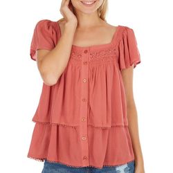 Juniors Solid Button Down Tiered Short Sleeve Top