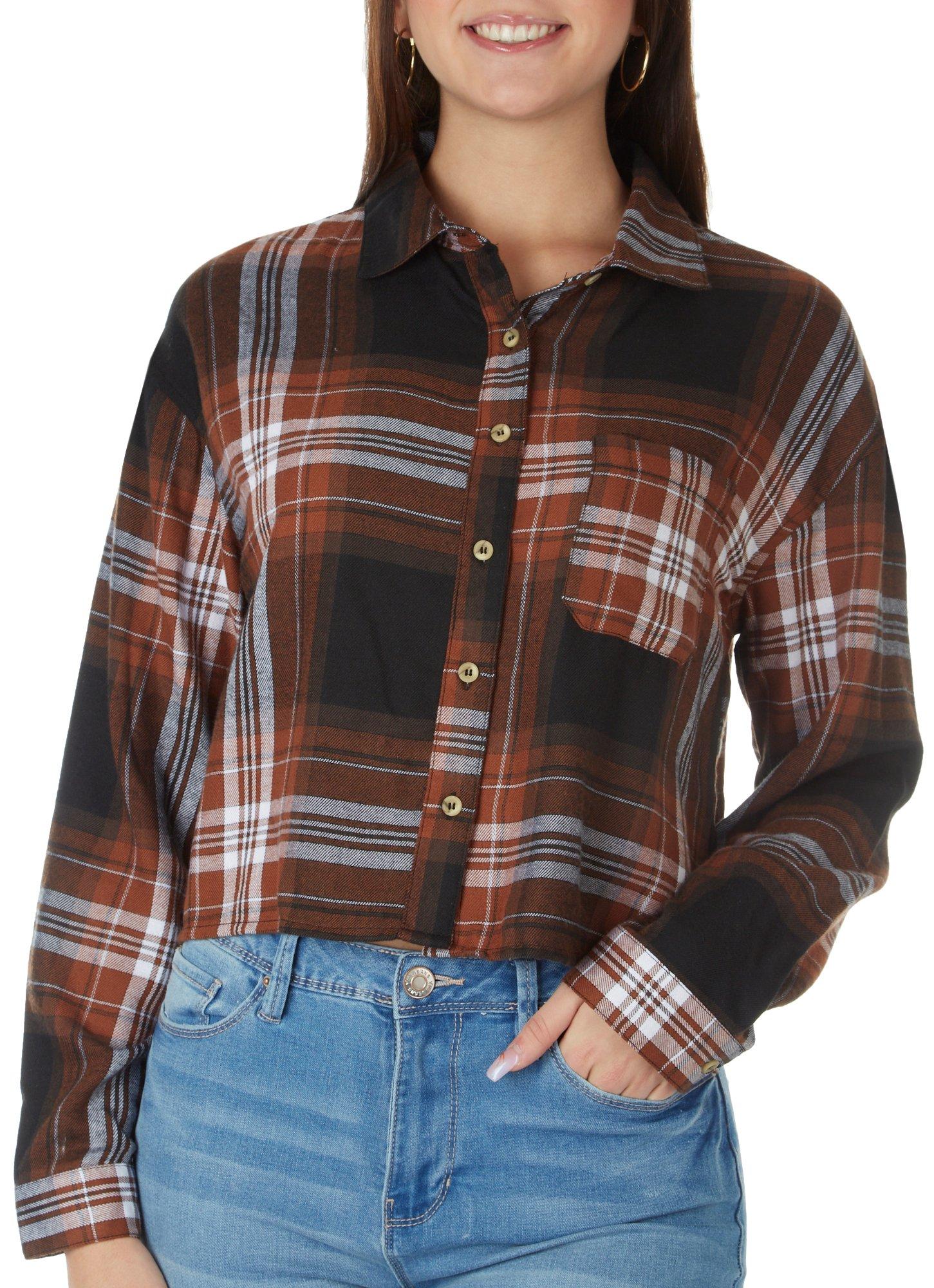 Self Esteem Juniors Wide Plaid Flannel Long Sleeve Crop Top