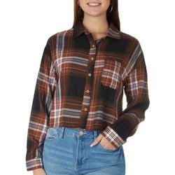Juniors Wide Plaid Flannel Long Sleeve Crop Top