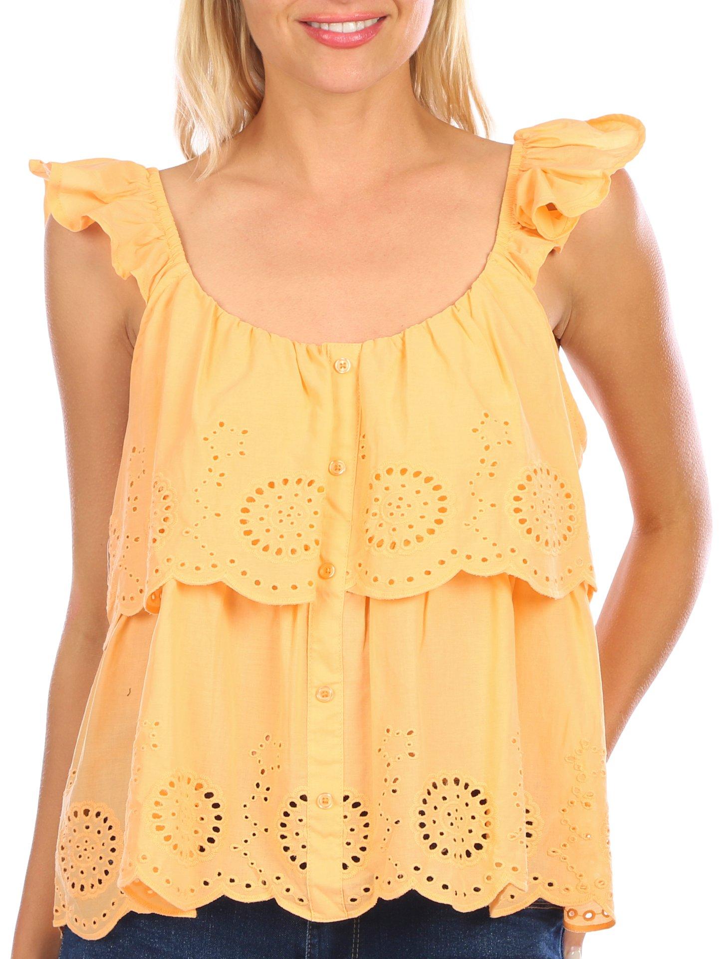 Juniors Button Front Tiered Eyelet Top
