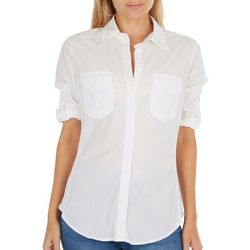 Juniors Solid Button Down 3/4 Sleeve Top