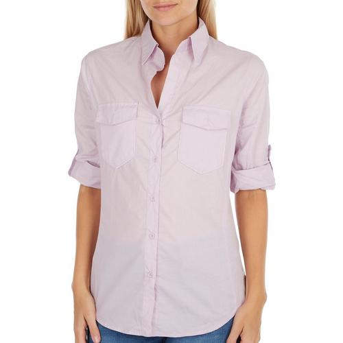 Juniors Solid Button Down 3/4 Sleeve Top