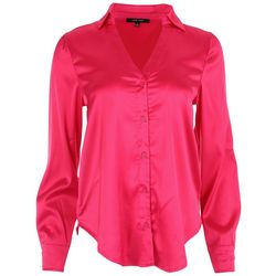 Juniors Solid Button Down Satin Long Sleeve Top