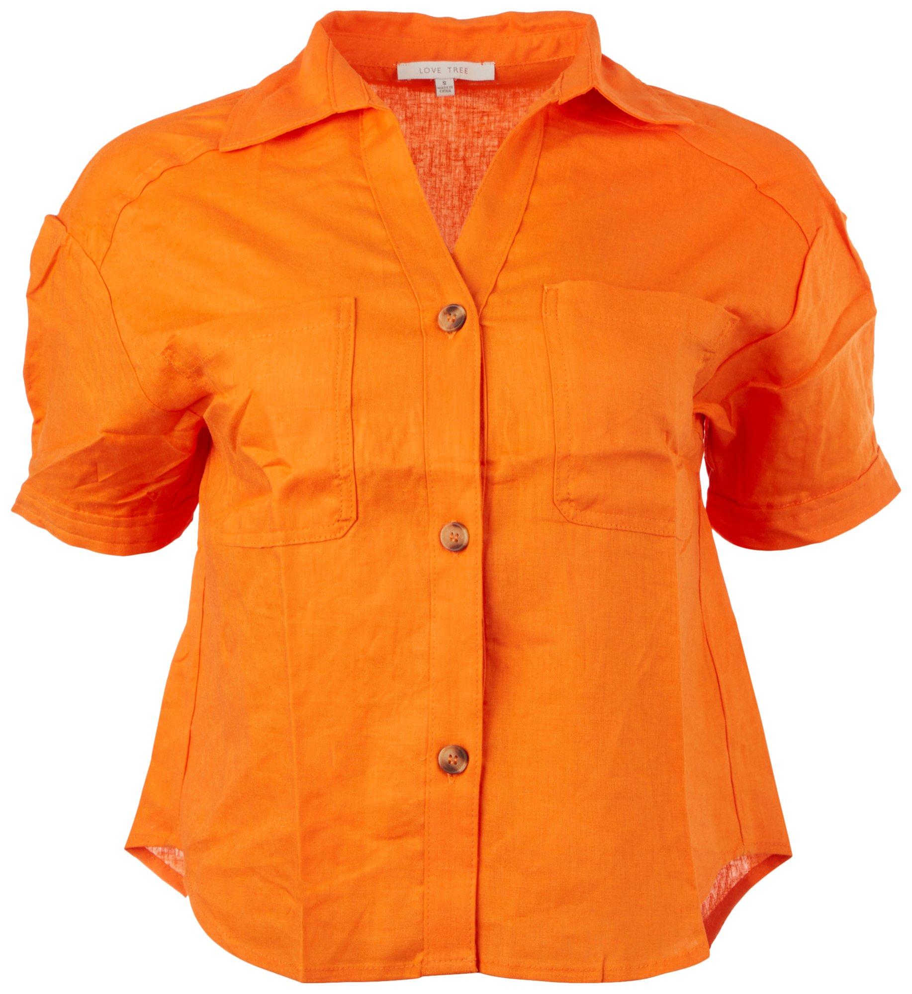 Juniors Solid Button Down Short Sleeve Top