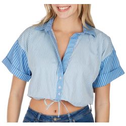Juniors Stripped V Neck Button Down Sinched Waist Top