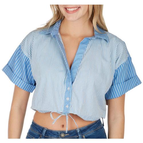 Juniors Stripped V Neck Button Down Sinched Waist