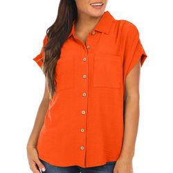 Juniors Solid Double Pocket Button Down Short Sleeve Top