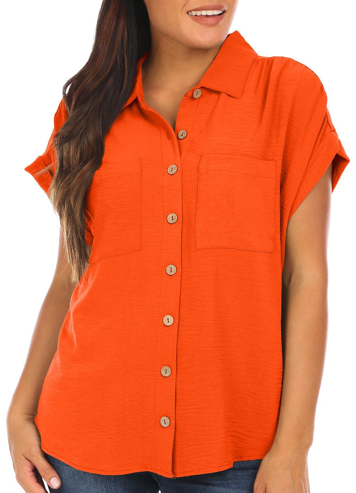Juniors Solid Button Down Roll Cuff Short Sleeve Top