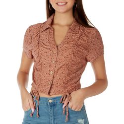Liberty Love Juniors Floral Double Shirred Button Down Top
