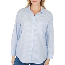 Juniors Striped Button Down Pocket Long Sleeve Top