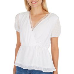 Juniors Solid Dotted Faux Wrap Short Sleeve Top