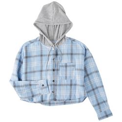 No Comment Juniors Hooded Plaid Collared Shirt