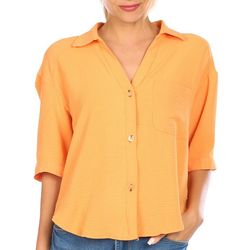 Juniors Solid Chest Pocket Button Down Short Sleeve Top