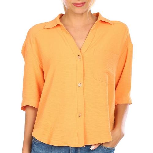 Juniors Solid Chest Pocket Button Down Short Sleeve